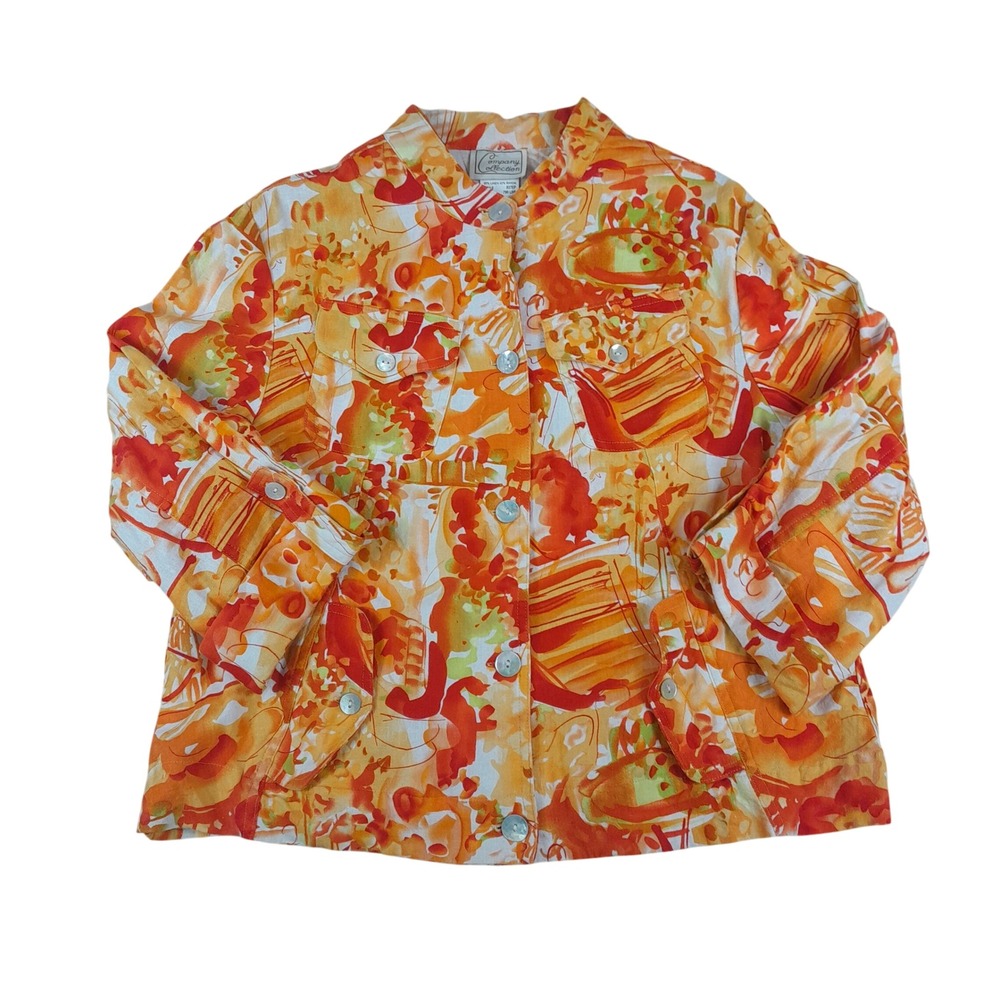 Vintage‎ Company Collection Linen Blend Jacket Womens 14 Orange Abstract Floral